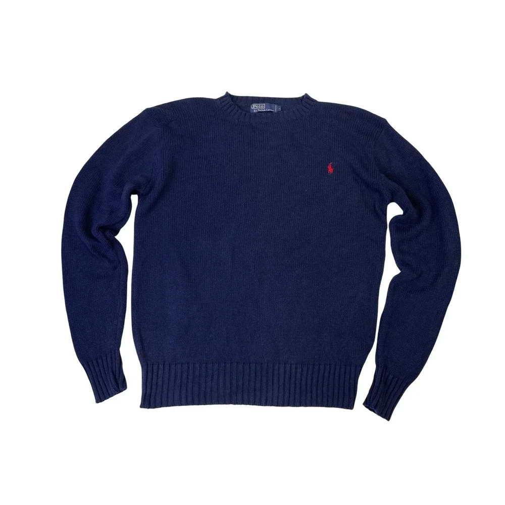 VTG Polo Ralph Lauren Mens Navy Blue Cotton Crewneck Sweater L Red Pony Logo